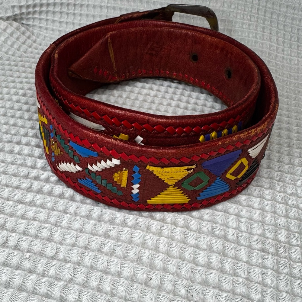 Vintage Moroccan Leather Belt Red Woven Boho 33” 1.5” Wide